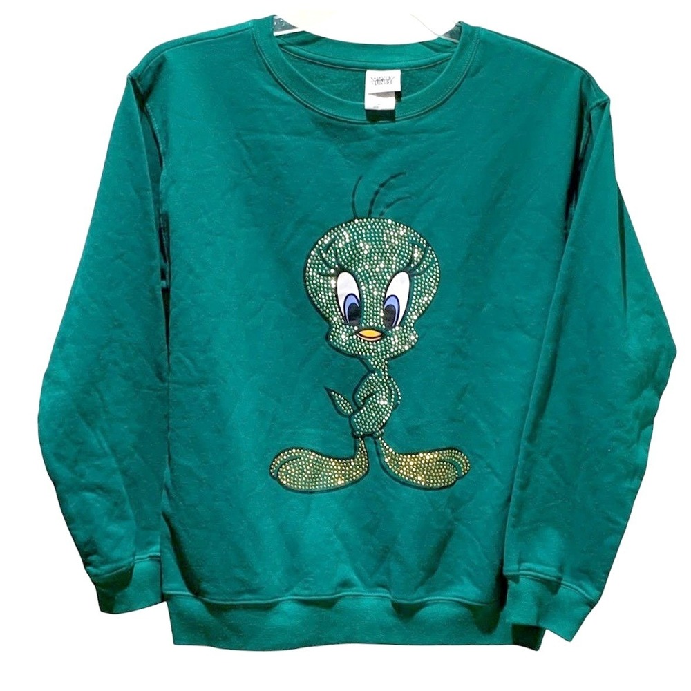 Looney Tunes Tweety Bird Sweatshirt Unisex L Green Rhinestone Y2K Kidcore Retro